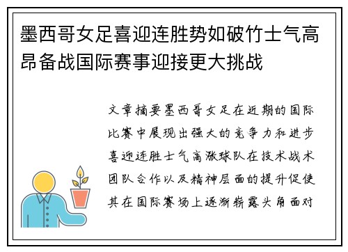 墨西哥女足喜迎连胜势如破竹士气高昂备战国际赛事迎接更大挑战