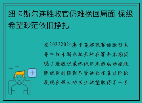 纽卡斯尔连胜收官仍难挽回局面 保级希望渺茫依旧挣扎