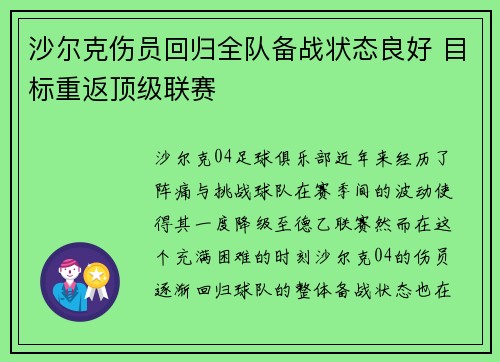 沙尔克伤员回归全队备战状态良好 目标重返顶级联赛